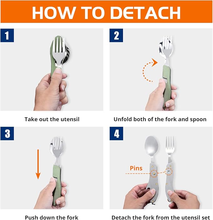HIKENTURE Camping Utensils 2 Pack, 4-In-1 Stainless Steel Spoon Fork Knife Set Backpacking Travel Cutlery Metal Multitool Boy Scout(Green 2pack)