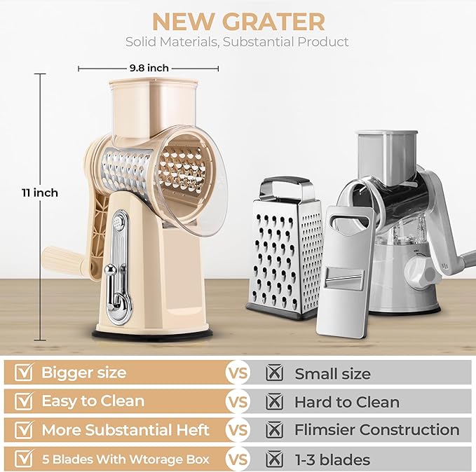 SUSTEAS Rotary Cheese Grater 5 Blades,Kitchen Mandoline Vegetable Slicer | Beige, Easy to Clean, Strong Suction Base, 5 Blades Storage Box, Round Mandoline Slicer & Food Chopper for Salad