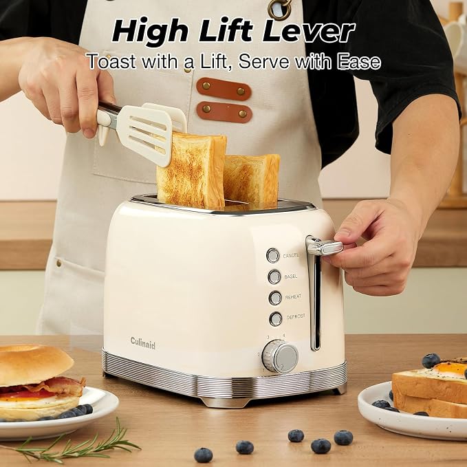 Toaster 2 Slice Retro Stainless Steel, Cream White | 1.5” Extra Wide Slots with Bagel, Defrost, Reheat, Cancel Functions, 6 Bread Shade Settings, Removable Crumb Tray