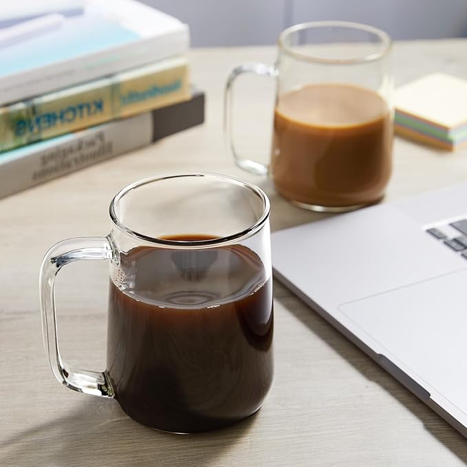 Large Glass Coffee Mugs, 20 oz Glass Coffee Cups Set of 2, Clear Borosilicate Glass Mugs with Handles for Cappuccino, Tea, Latte, Hot/Cold Beverages, Wine, Americano