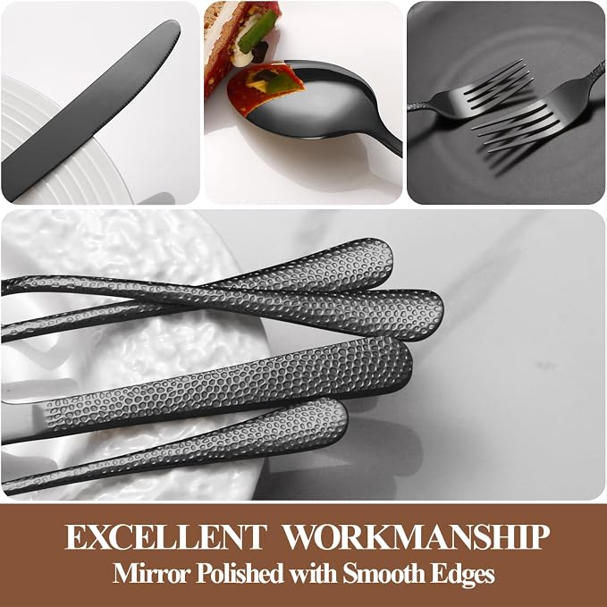Silverware Set,20-Piece Stainless Steel Flatware Set for 4 | Food-Grade Stainless Steel Cutlery Set,Dishwasher Safe,Mirror Finished Utensil Sets for Home Restaurant,Wave Hammered,Black