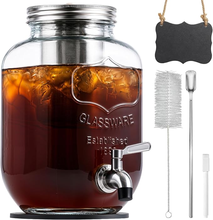 JunVpic Cold Brew Coffee Maker, 128 oz/1 Gallon Glass Pitcher | Wide mouth, heavy-duty, leakproof lid, stainless steel filter and spigot for iced coffee, lemonade, tea and fruit drinks