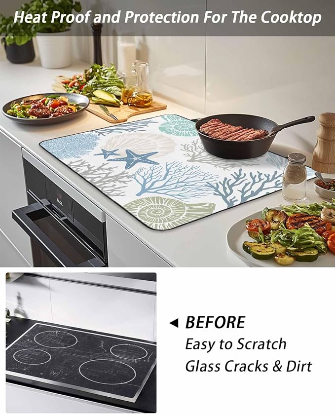 Stove Top Covers for Electric Stove 24x21 Inches, Coastal Coral HeatResistant Glass Cooktop Protector, Blue Nautical Starfish Ocean Shell Beach Ceramic Stovetop Countertop Covers Mat, Oven Cover