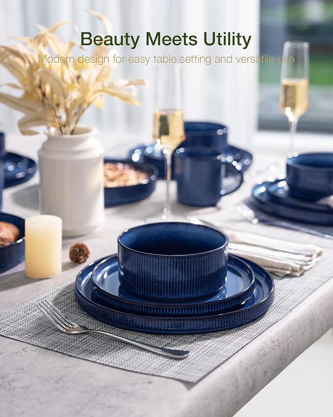 Famiware Star Stoneware Dinnerware Set, Reactive Glaze Plates & Bowls for 4 | 12-Piece Handmade Ribbed Dishes, Chip & Scratch Resistant Ceramic. Microwave & Dishwasher Safe, Rustic Modern, Nebulas Blue