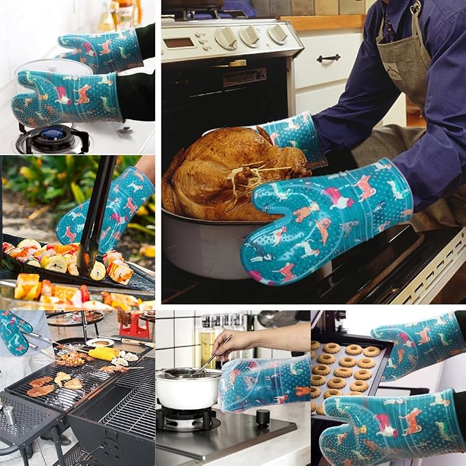 Oven Mitts with Transparent Clear Silicone Shell and Nice Dog Printing | Potholders Cotton Lining Set of 2, Heat Resistant to 500 F Kitchen Oven Gloves for Cooking (Blue Dog, Potholders)