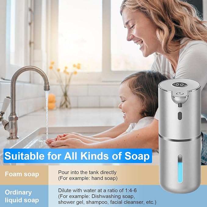 OHIFAST Automatic Foaming Soap Dispenser Touchless, USB Rechargeable Smart Hand Soap Dispenser, 6-Level Adjustable, 12.8oz/380mL Wall Mounted for Bathroom Kitchen Dish Soap-Silver