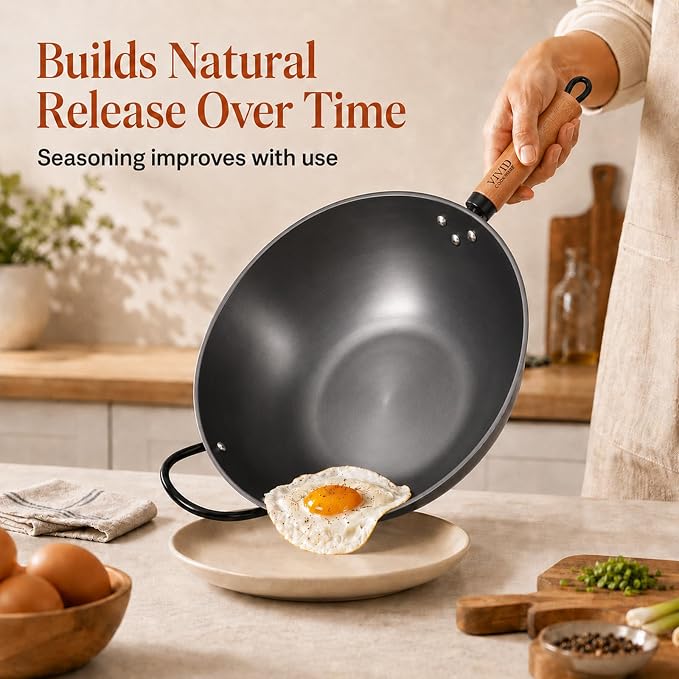 12.6 Inch Carbon Steel Wok with Lid, Flat Bottom Induction Wok Pan, Non-Coated Stir Fry Wok Skillet with Helper Handle, Gas Electric Ceramic Halogen Compatible, Includes Iron Wok Spatula