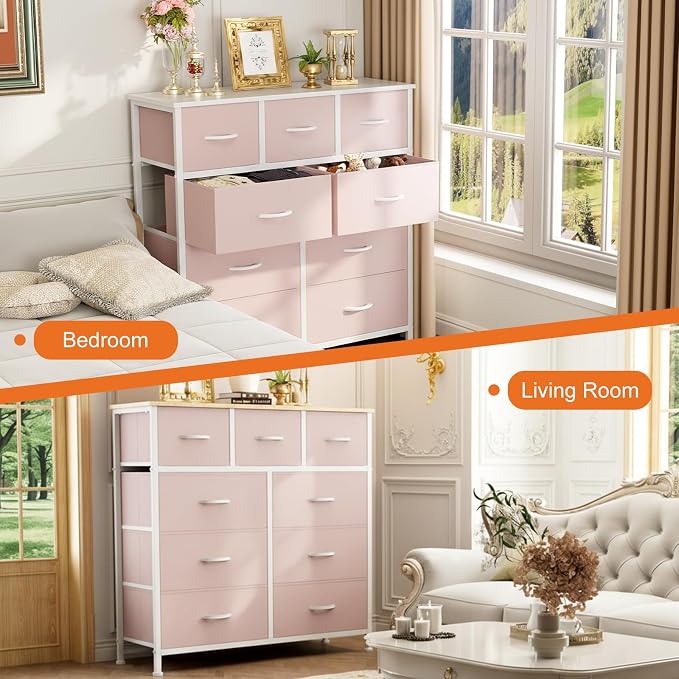Sweetcrispy 9 Drawer Fabric Dresser Storage Tower Drawer Organizer, Pink | Sturdy Steel Frame with Wood-top, Easy-pull Handles, Space-Saving Organizer Chest for Girls Bedroom, Closet, Lightweight