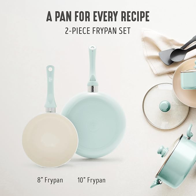 GreenLife 2 Piece (8" & 10") Ceramic Nonstick Skillet Set, Mint Green | PFAS-Free Nonstick Coating, Frying Pans, Omelet Pans, Everyday Pan, Induction Ready, All Stovetop Compatible, Dishwasher Safe