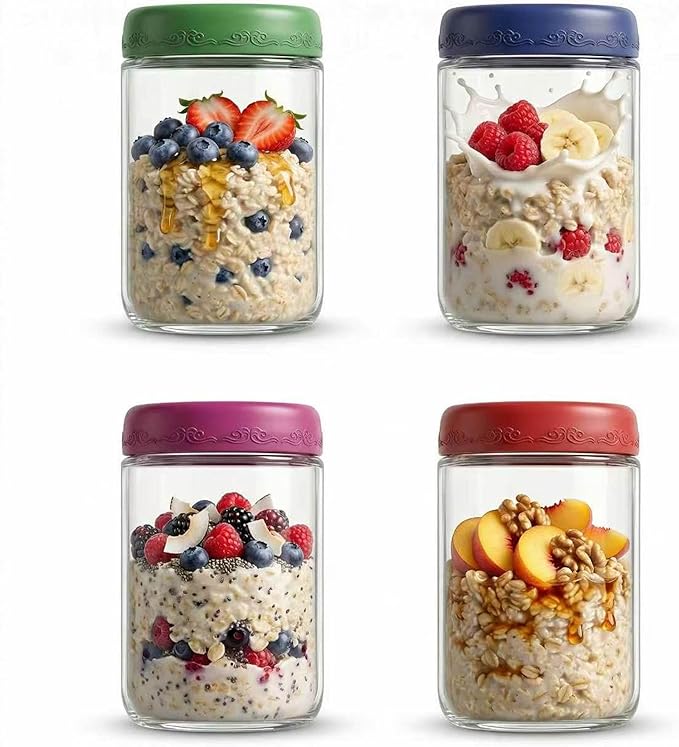 18 OZ 4Pack, Overnight Oats Jars with Lids, Glass Meal Prep Containers, Airtight Mason Jars for Breakfast, Yogurt Parfait, Salad & Smoothies, Leakproof and Reusable Food Storage Jars(4-1)