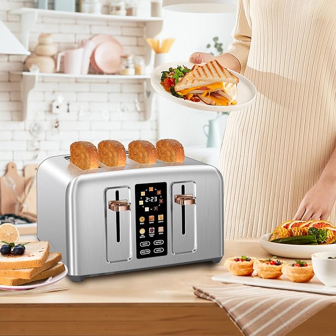 SEEDEEM 4 Slice Stainless Steel Toaster, 1.5" Wide Slots, Silver Metallic | Toaster 4 Slice, 6 Bread Type, 7 Shade Settings, 1.5'' Wide Slots, Cancel/Defrost/Reheat, Removable Crumb Tray, 1800W