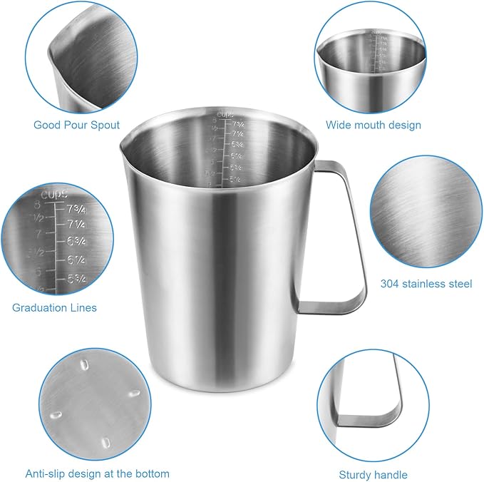 64Oz/8Cup Stainless Steel Pitcher (SUS304), 2 Liter Metal Container for Water, Milk, Liquid with Handle with Engraved Markings, Silver
