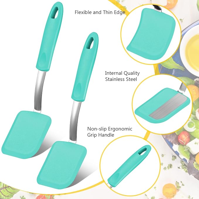 Silicone Cookie Spatula Turner 2 Pack Mini Brownie Spatula Flexible Kitchen Small Silicone Turner for Nonstick Cookware Heat Resistant No Scratch Flipper for Egg(Solid Flat,Green)