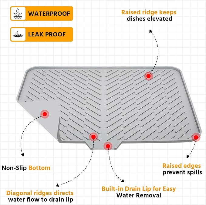 Silicone Dish Drying Mat with Built-in Drain Lip - Hygienic Drying Pad - Sturdy Compact Easy to Clean Tray Protects Surfaces Prevents Water Build Up - 23 X 17 (Grey)