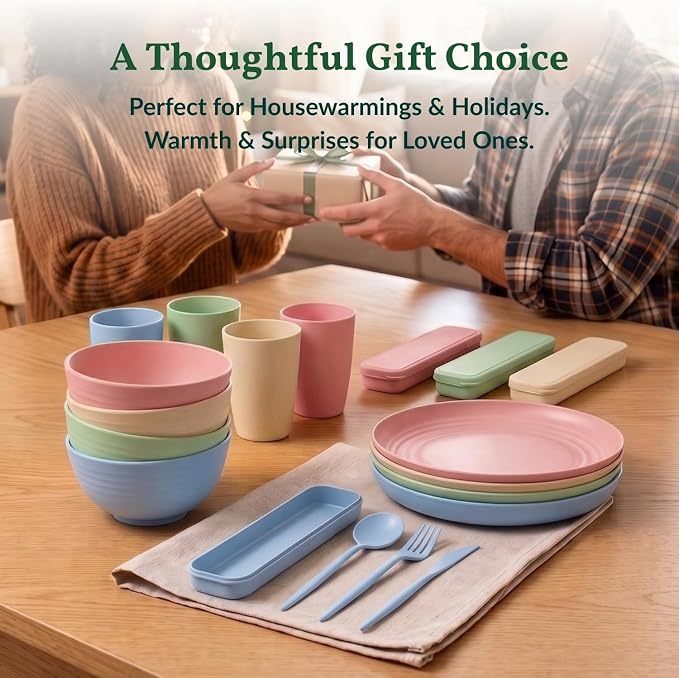 28 PCS Wheat Straw Dinnerware Sets Unbreakable Kitchen Plates and Bowls Set Camping Dish Set for 4 - Dinner Plates, Cereal Bowls, Travel Utensils Microwave & Dishwasher Safe (LightMulti)