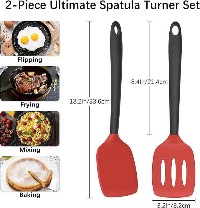 Coukre 2 Pack Silicone Spatula Set,High Heat Resistant, BPA-Free | Dishwasher Safe Kitchen Spatula for Nonstick Pans, Solid & Slotted Turners for Cooking, Sautéing, and Flipping, RedBlack
