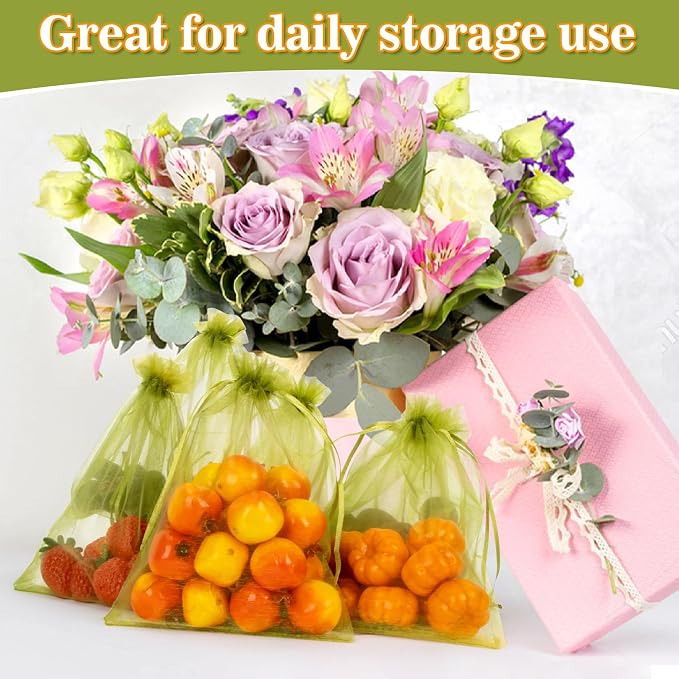 Sukh 50PCS Fruit Protection Bags - 6"x8" Fruit Bags for Tree Fruits Cover | Reusable Garden Mesh Bags Drawstring for Fruits & Vegetables, Green Organza Gift Bags for Jewelry, Candy & Soap, Party Favor