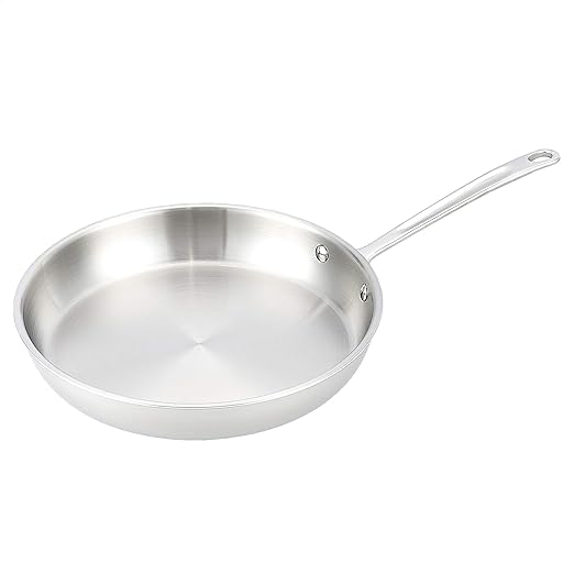 Amazon Basics Tri-Ply Stainless Steel Fry Pan, 12 inch, Silver, Evenly Distributes Heat, Sturdy Handle