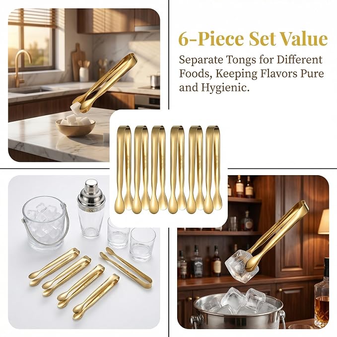 Mini Serving Tongs Set of 6, 4.25 Inch Gold Stainless Steel Small Tongs | Perfect for Sugar Cubes, Desserts, Tea Party, Ice Cubes, Appetizers — Smooth Rounded Edges, Dishwasher Safe Kitchen Utensils
