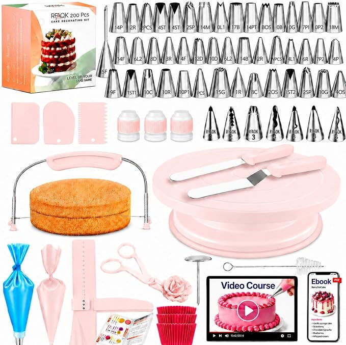 RFAQK 200PCs Cake Decorating Kit with Cake Turntable & Leveler, Baking Supplies Gift Includes 110+1 Piping Bags,55 Icing Tips,2 Frosting Spatulas, Adjustable Scraper, Video Tutorial, Booklet & more