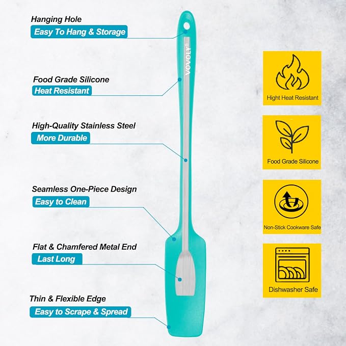 2-Pack Vovoly Silicone Jar Spatula, Long Handle Jar Spatulas, High Heat Resistant Small Rubber Spatula, Seamless Design, Stainless Steel Core, BPA Free, Teal