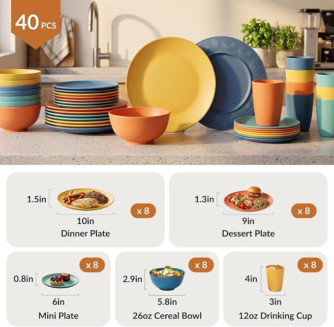 40-Piece Unbreakable Plastic Wheat Straw Dinnerware Set - Multi Color, 8-Person Dish Set for Dinner, Plates, Bowls, Cups & Appetizer Plates - Perfect for Outdoor Camping