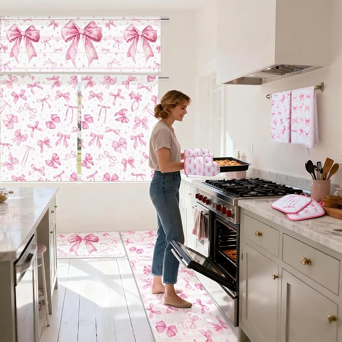 13 Pcs Pink Bow Kitchen Decor Set 3 Coquette Kitchen Curtains Valance 2 Aesthetic Rugs and Mats 4 Girly Hand Towels 2 Pink Pot Holders 2 Oven Mitts for Home Decor Cooking Grilling Housewarming Gift