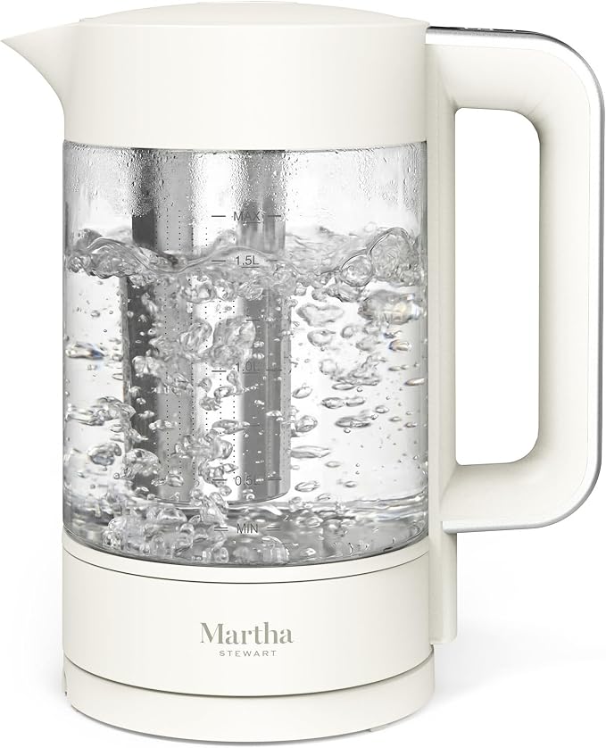 Martha Stewart 1.7L Glass Carafe Electric Kettle with Removable Tea Infuser | 7 Cups, 4 Presets, Rapid Boiling, Stainless Steel Tea Leaf Infuser, Cordless Swivel Base, Keep Warm, Auto Shut-Off, Linen