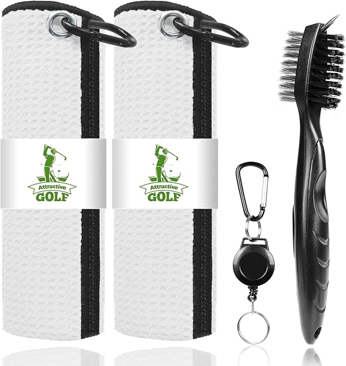 2 Pack Golf Towels with Club Brush, Microfiber Waffle Cleaning Set | Waffle pattern microfiber for strong water absorption, cleans clubs & balls, 2 towels + 1 brush, ideal for golfers