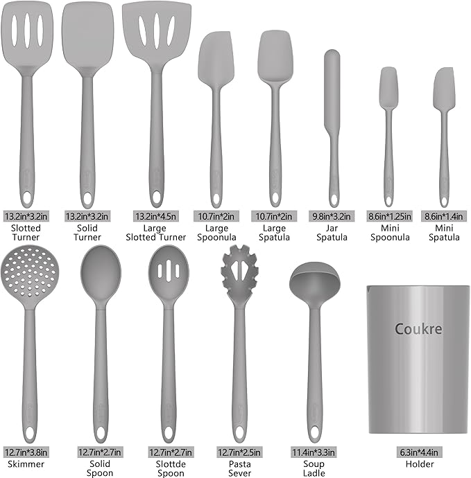 Coukre Silicone Kitchen Cooking Utensils Set, Heat Resistant, 14-Piece | Dishwasher-Safe, Food-Grade Silicone, BPA-Free, Spatulas, Spoons & Turner, Safe for Nonstick Cookware, PureGray
