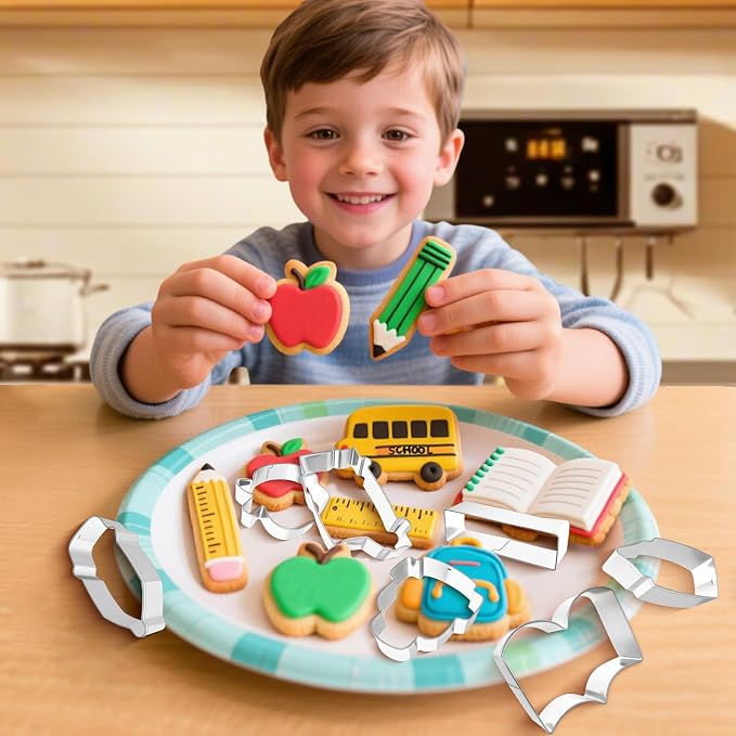 9 Pieces Back to School Cookie Cutters Set, Stainless Steel School-Themed Biscuit Mold Includes Apple Pencil Ruler Notebook School Bus Blackboard Book Backpack Crayon Baking Decorations