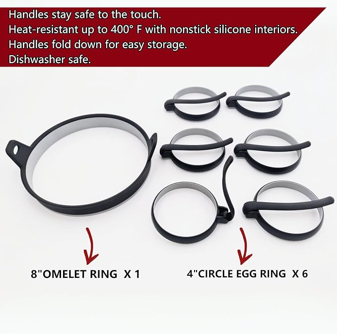 Nonstick Silicone Egg & Omelet Ring Kit,4" Egg Rings & 8" Omelet Ring, Egg Rings for Frying Eggs, Pancakes, Patties and English Muffins, 7 Piece Set (BLACK)