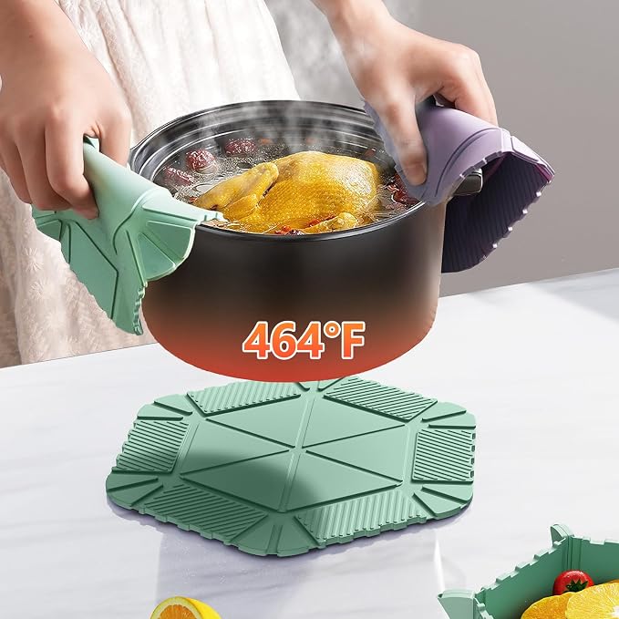Magnetic Silicone Trivet Mat - Heat Resistant Hot Pad for Hot Dishes, Pots & Pans, Non-Slip Table & Countertop Protector (Green, Hexagon)