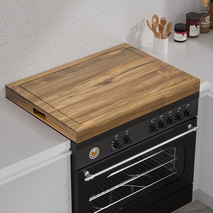 Buruis Acacia Wood Stove Cover for 28.82 x 20.83 Inch Gas & Electric Stoves | Noodle Board Design with Juice Groove, Extra Counter Space, Built-In Handles, Multi-Purpose Kitchen Serving Board