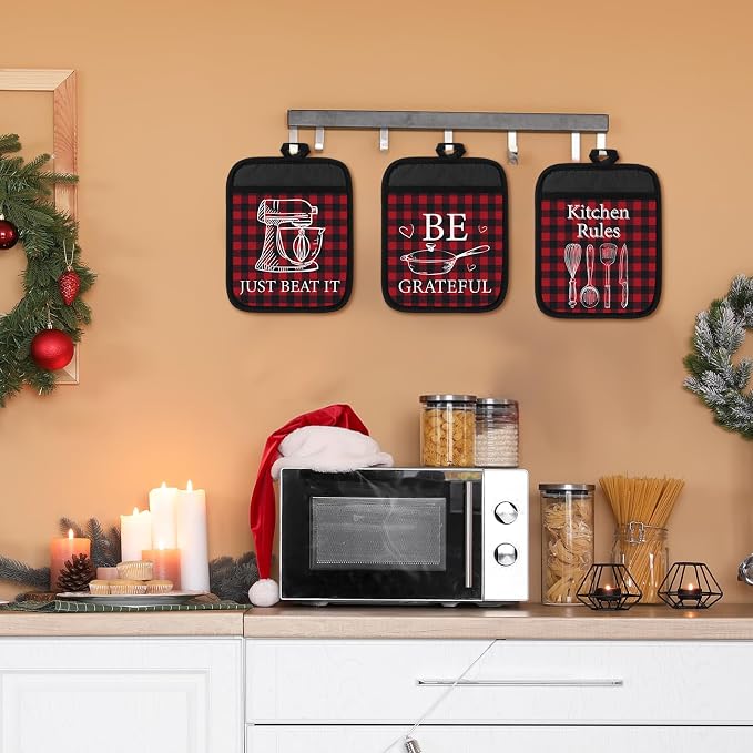 Bencailor 8 Pcs Red Buffalo Plaid Pot Holders with Pocket Red Heart Sign Potholder Heat Resistant Hot Pads Oven Mitt for Kitchen Home Anniversary Decorations Baking Cooking Gift