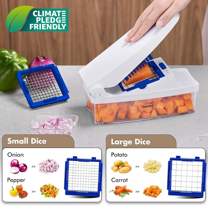 Geedel Vegetable Chopper with Container, 4 in 1 Food Chopper Veggie Slicer | Onion Chopper, 420 Stainless Steel, Safety Lock, Dishwasher Safe, No BPA, Cleaning Brush Included, for Vegetables, Cheese