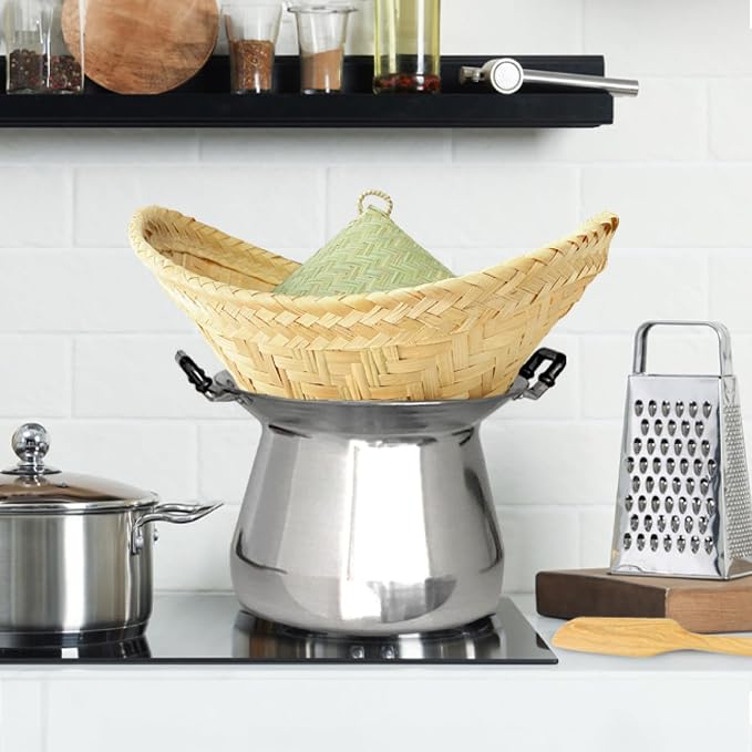 Sticky Rice Professional Thai Chef Grade Cookware Set Restaurant Quality Steamer Pot, Handcrafted Bamboo Wing Basket & Lid, 24” Grade 90 Cheesecloth, & Rice Paddle Ladle