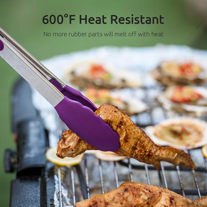 U-Taste Kitchen Tongs for Cooking, 600ºF Heat-Resistant Tps, 3Pcs/Purple | Silicone Tong Set 7/9/12in, Salad/Grill/BBQ Plastic Tongs for Food Serving, Rubber Thong with 18/8 Stainless Steel Handle