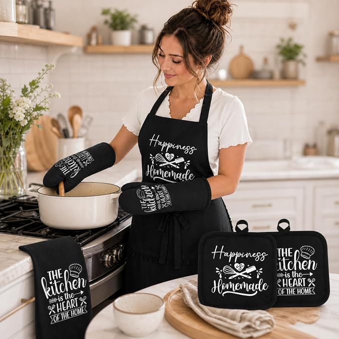Sratte 6 Pcs Kitchen Decor Accessories Set, Kitchen, Black | Farmhouse Kitchen Towels Pot Holders Oven Mitts Set 2 Dish Towels 2 Potholders 2 Cooking Mittens for Baking Cooking Supply