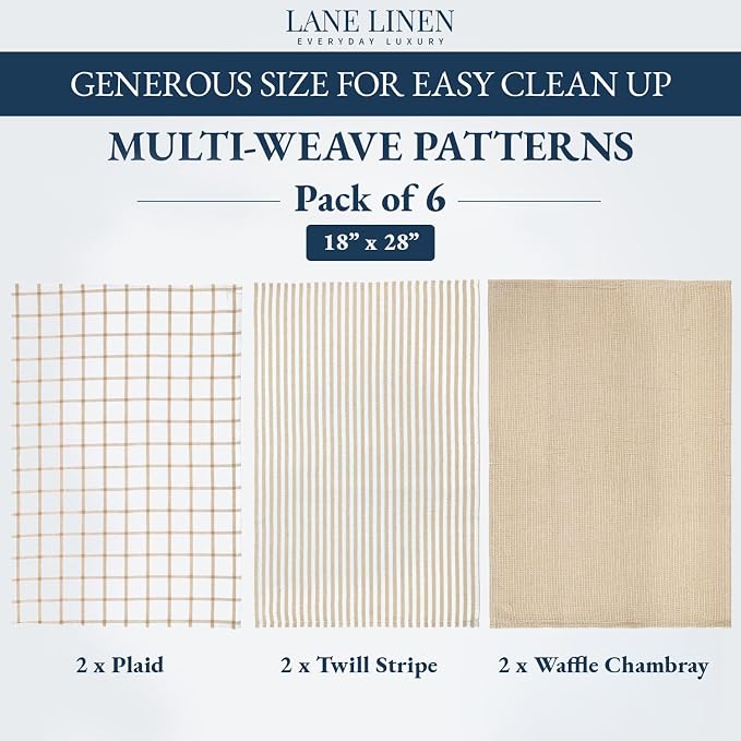 LANE LINEN Cotton Kitchen Towels and Dish Cloths Set, 6-Pack – Absorbent, Quick-Drying Dish Towel, 18" x 28", Soft, Premium Hand and Tea Towels - Beige