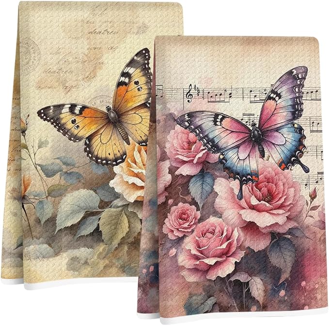 2 Pcs Vintage Butterfly Kitchen Towels, Flower Soft Absorbent Hand Towels | Butterfly Microfiber Dish Cloths for Dishes, Waffle Dish Towels for Kitchen Bathroom Decor, Housewarming Gifts for Women