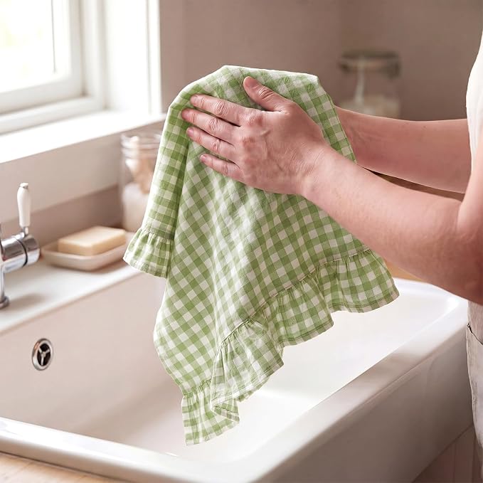HunnmingRe 2 Pcs Mint Green Gingham Kitchen Towels Cotton Ruffled | Checked Dish Towels 18"x28" Tea Cloths Plaid Cottage Core Kitchen Decor for Farmhouse Charm Drying Dishes Entertaining Guests
