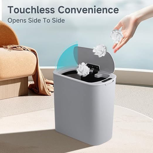 TIPGO 5 Gallon Automatic Bathroom Trash Can with Lid, Gray, Touchless | Motion Sensor, Slim Smart Garbage Bin, Plastic Wastebasket, Battery Operated, Manual Button, for Bedroom, Office,RV