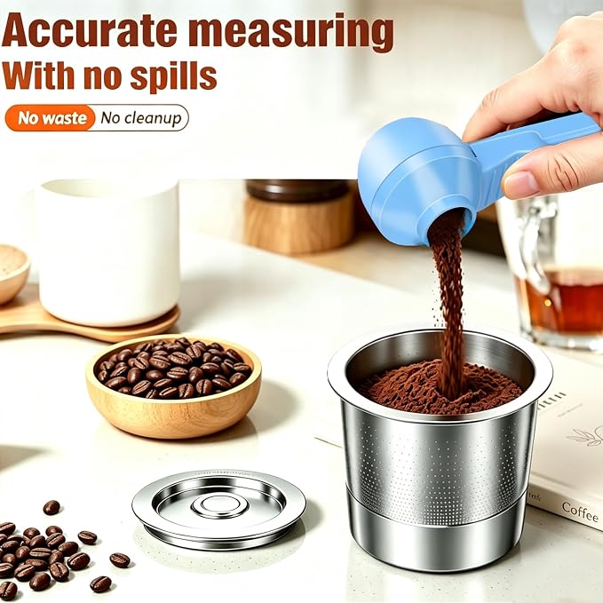 2-in-1 Coffee Scoop with Funnel, 2 Tbsp Measuring Spoon for Reusable K Cups, Ground Coffee, Protein Powder & Tea, Mess-Free Plastic Design（Light Biue-2pack）