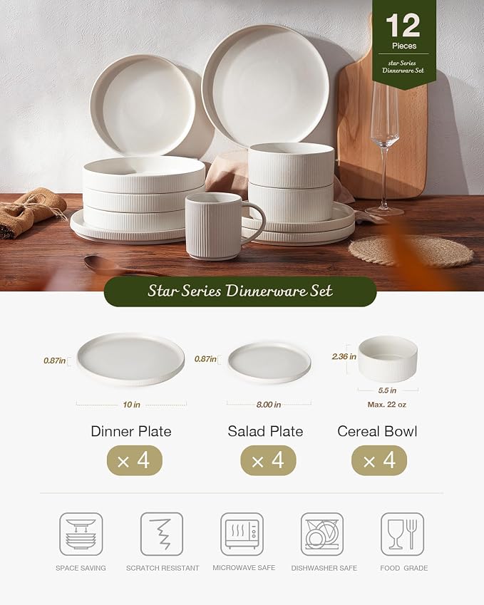 Famiware Star Stoneware Dinnerware Set, Reactive Glaze Plates & Bowls for 4 | 12-Piece Handmade Ribbed Dishes, Chip & Scratch Resistant Ceramic. Microwave & Dishwasher Safe, Rustic Modern, Matte White