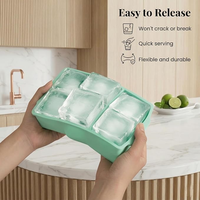 KitchFort® Large Silicone Ice Cube Tray (2-Pack) - 2" Big Ice Mold with Lid | Easy Release, Cocktail, Whiskey Ice Cubes Mold - Food Grade - Ice Cube Trays for Freezer - Stackable Silicone Ice Tray