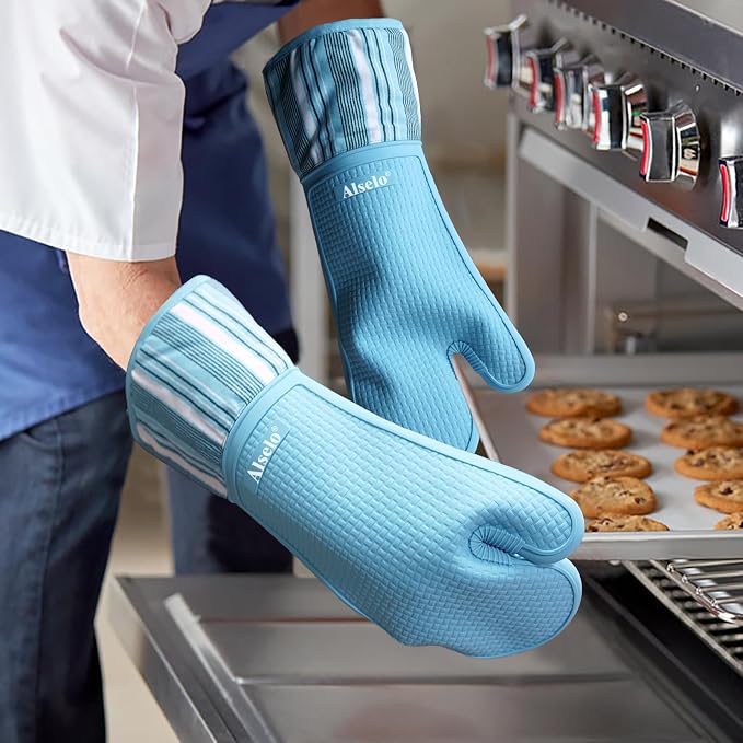 Alselo Silicone Oven Mitts Set, Heat Resistant 550 Degree,7.5"x16" | Extra Long Kitchen Mittens,Waterproof & Non-Silp Oven gloves for Baking Cooking Barbecue Microwave (Extra Long Sapphire, 2)