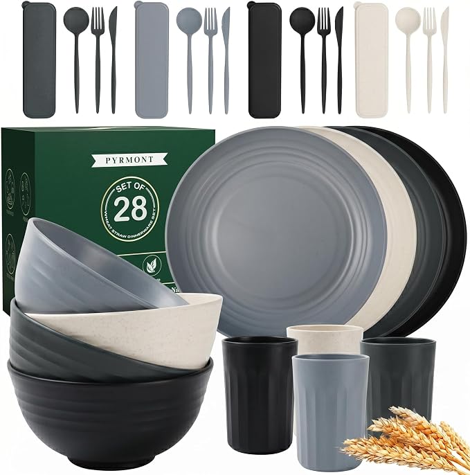 PYRMONT Plates and Bowls Sets 28 Piece Wheat Straw Dishes Set for 4 Unbreakable & Lightweight Dishware Sets for Kitchen,RV Essentials,Camping Cutlery Set Microwave & Dishwasher Safe-Grey Stone
