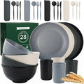 PYRMONT Plates and Bowls Sets 28 Piece Wheat Straw Dishes Set for 4 Unbreakable & Lightweight Dishware Sets for Kitchen,RV Essentials,Camping Cutlery Set Microwave & Dishwasher Safe-Grey Stone