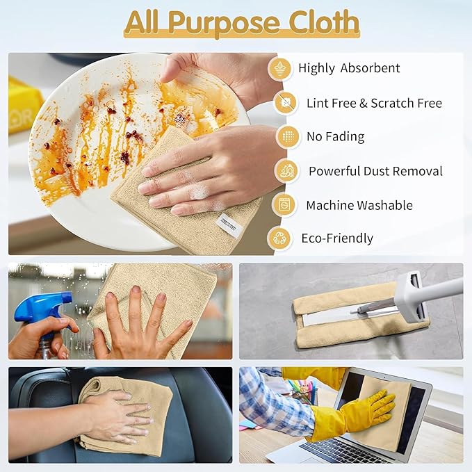 Beige Microfiber Cleaning Cloth -Pack of 12, Highly Absorbent Cleaning Rags, 16"X12" All Purpose Cleaning Towels for Housekeeping, Kitchen, Car, Lint Free and Reusable Microfiber Towels